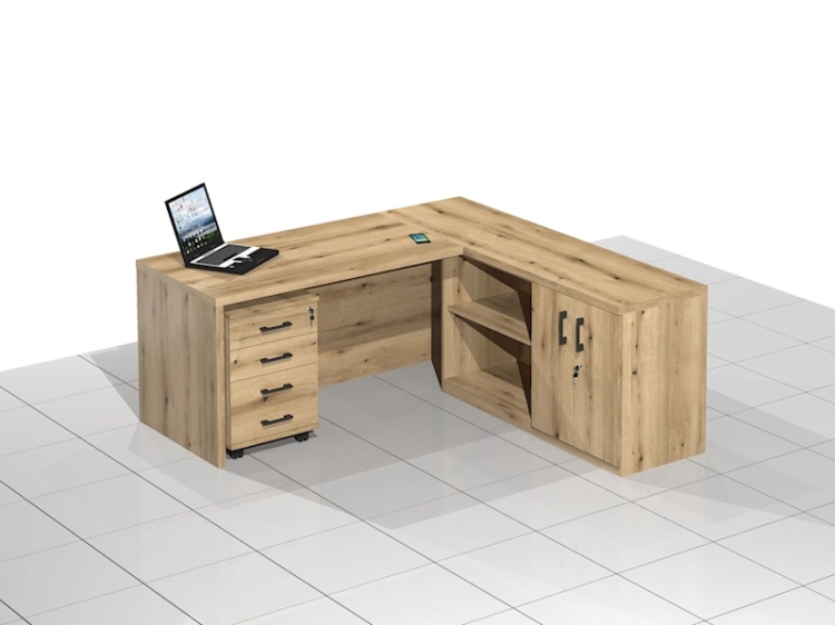 Duże Biurko narożne gabinetowe z lamelami, szafką, regałem i szufladami DRAGON-XBEL (Prawe)